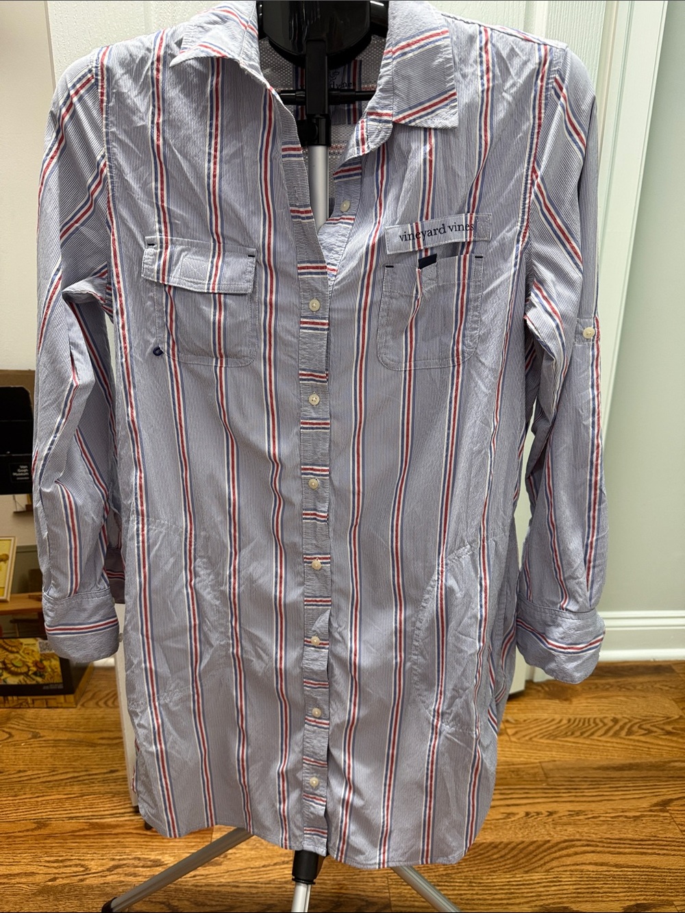 Vineyard Vines Light Blue Striped Shirt Jacket with White & Red Accents